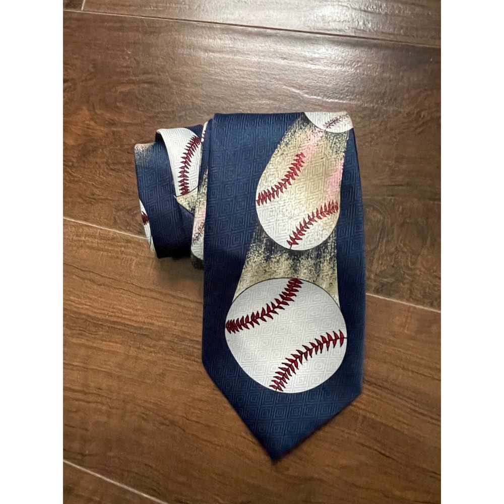 Renaissance Hand Made Mens Baseball Sports Graphic Navy‎ Blue Jacquard Necktie